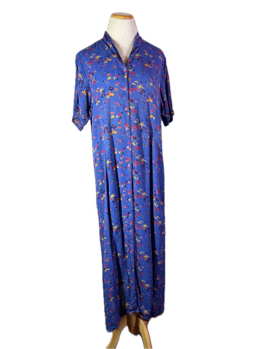 Vintage April Cornell Size XL Blue Floral Short Sleeve Dress